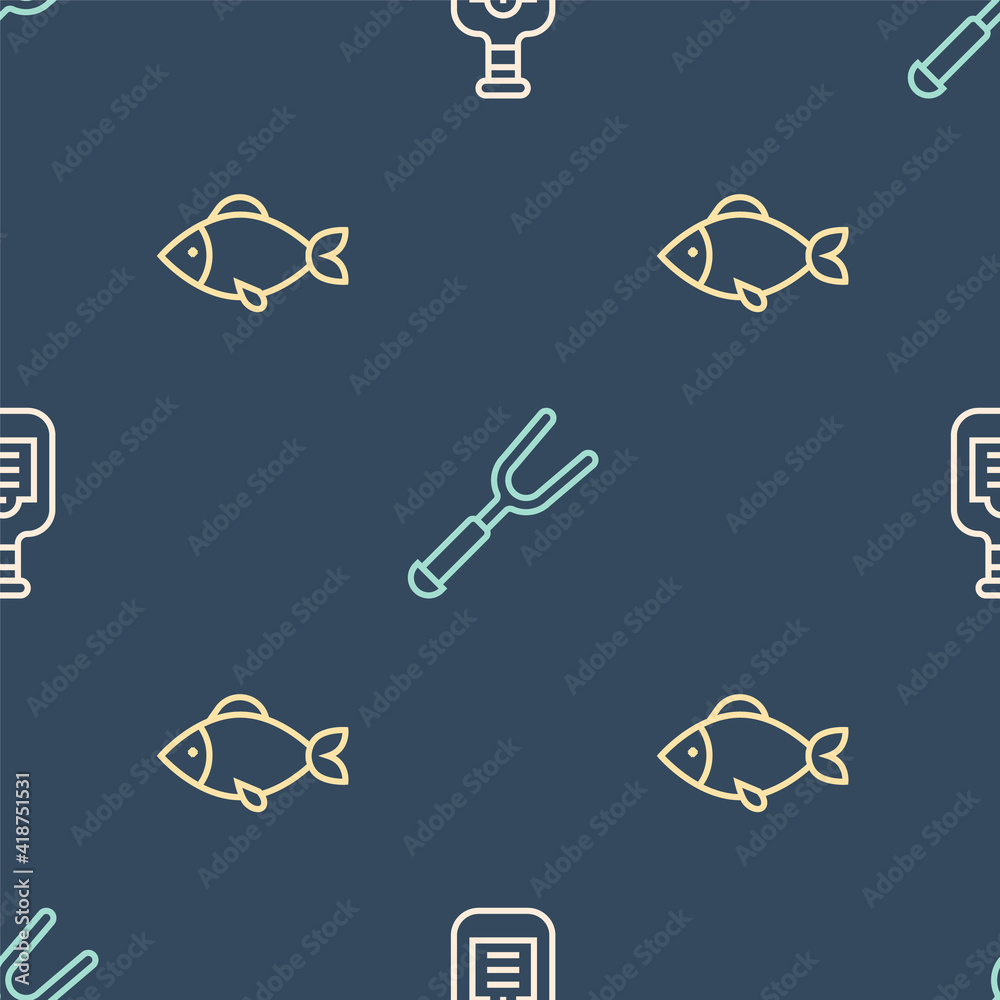 Set line Sauce bottle, Fish and Barbecue fork on seamless pattern. Vector.