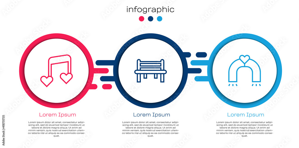 定调音乐音符，心形音调，浪漫长椅和爱情磁铁。商业信息图模板