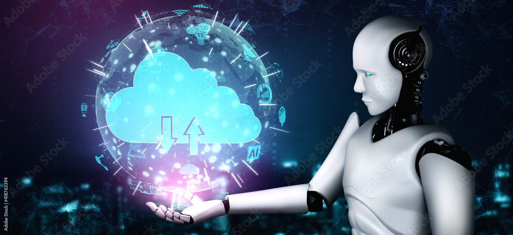 AI robot using cloud computing technology to store data on online server . Futuristic concept of clo