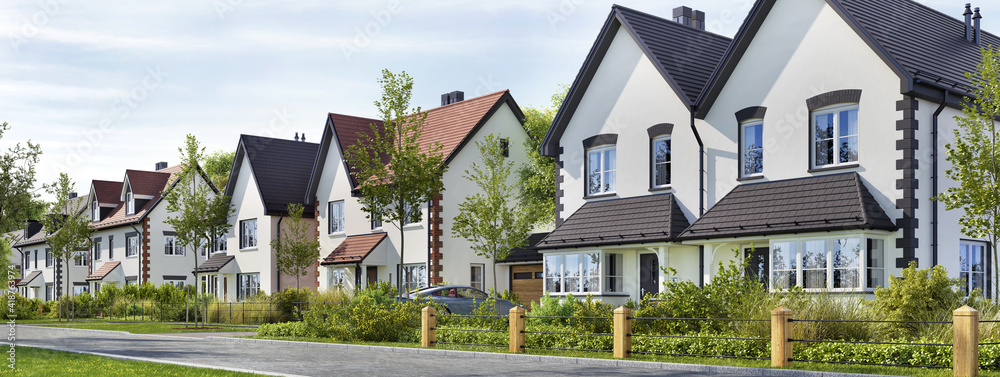 Beautiful street with modern residential buildings on a sunny day