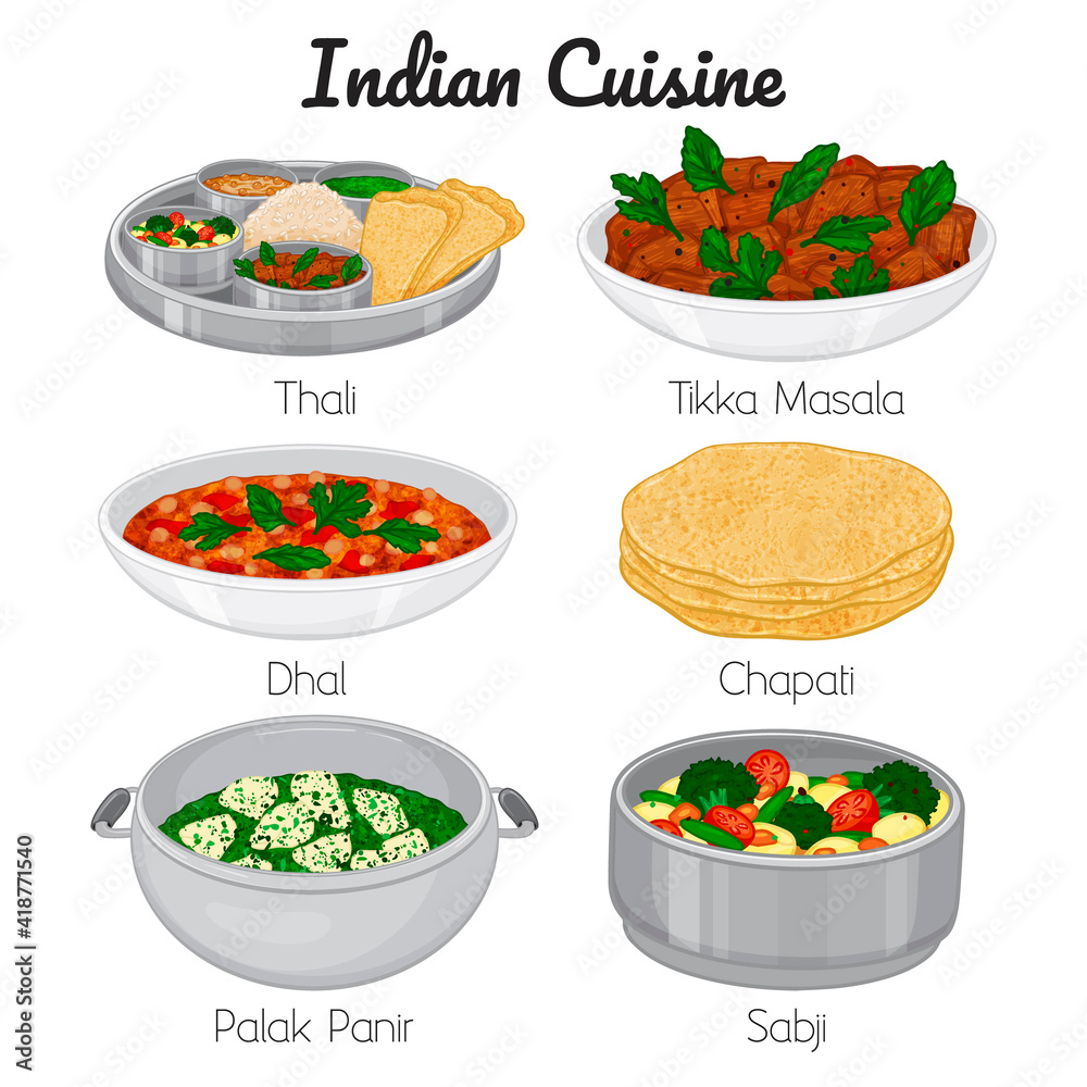 一套印度餐。thali，sabji，palak panir，chapati，dhal，tikka masala。卡通风格，Vector i