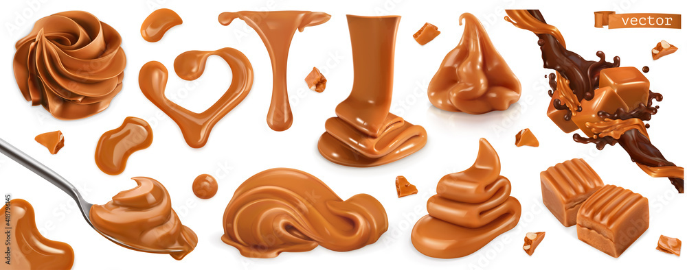 Caramel, peanut butter. 3d vector realistic set