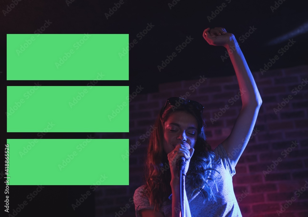 Composition of female singer performing at microphone with three green rectangles on left side