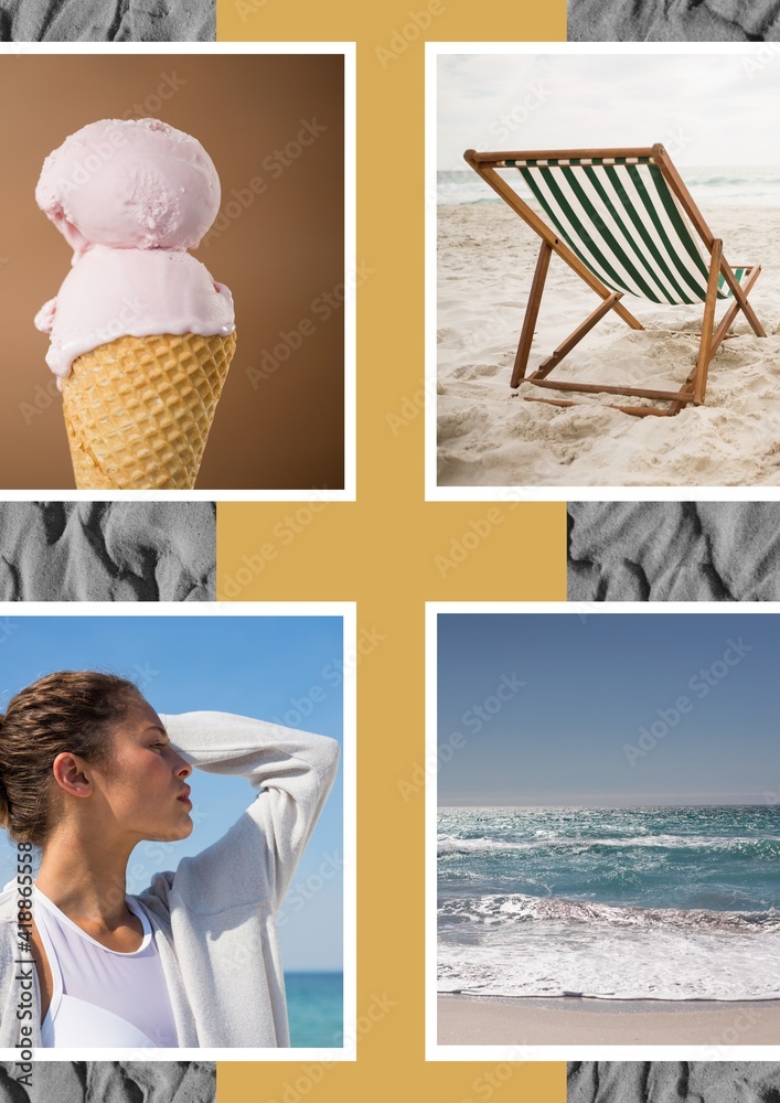 Composition of four beach and seaside images with ice cream deckchair woman in profile and sand