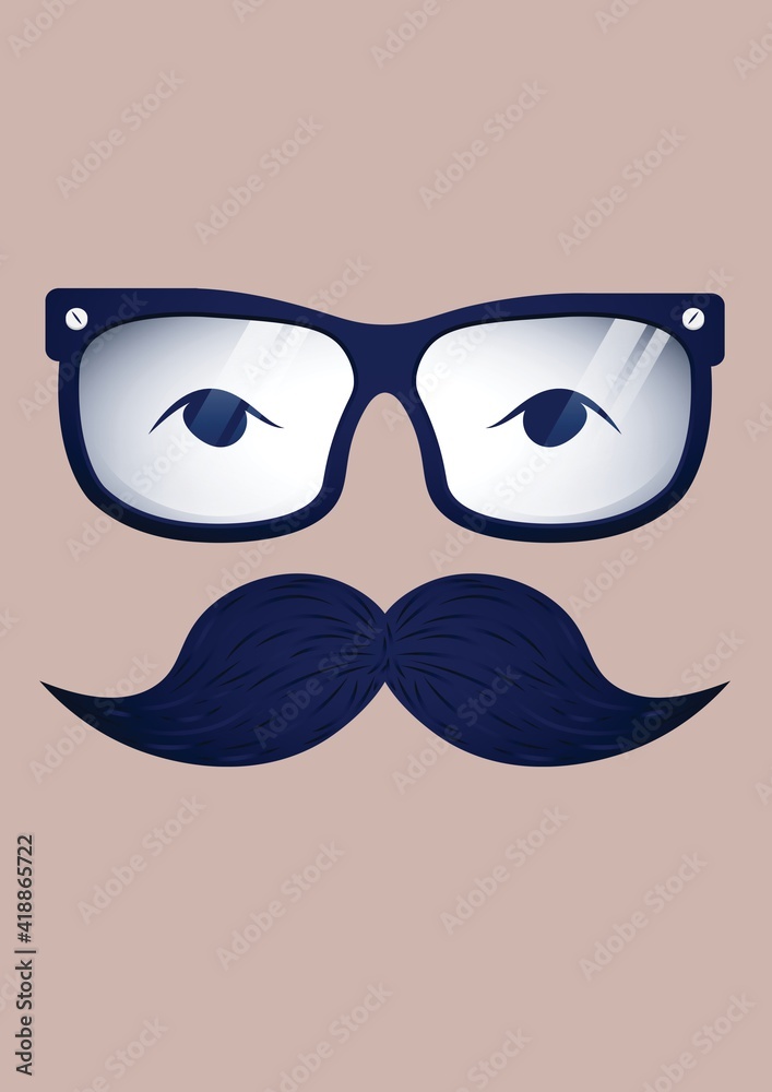 Illustration of face glasses with moustache and copy space on cream background