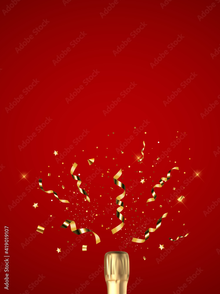 Realistic 3D champagne Golden Bottle with Confetti. party background. Vector Illustration