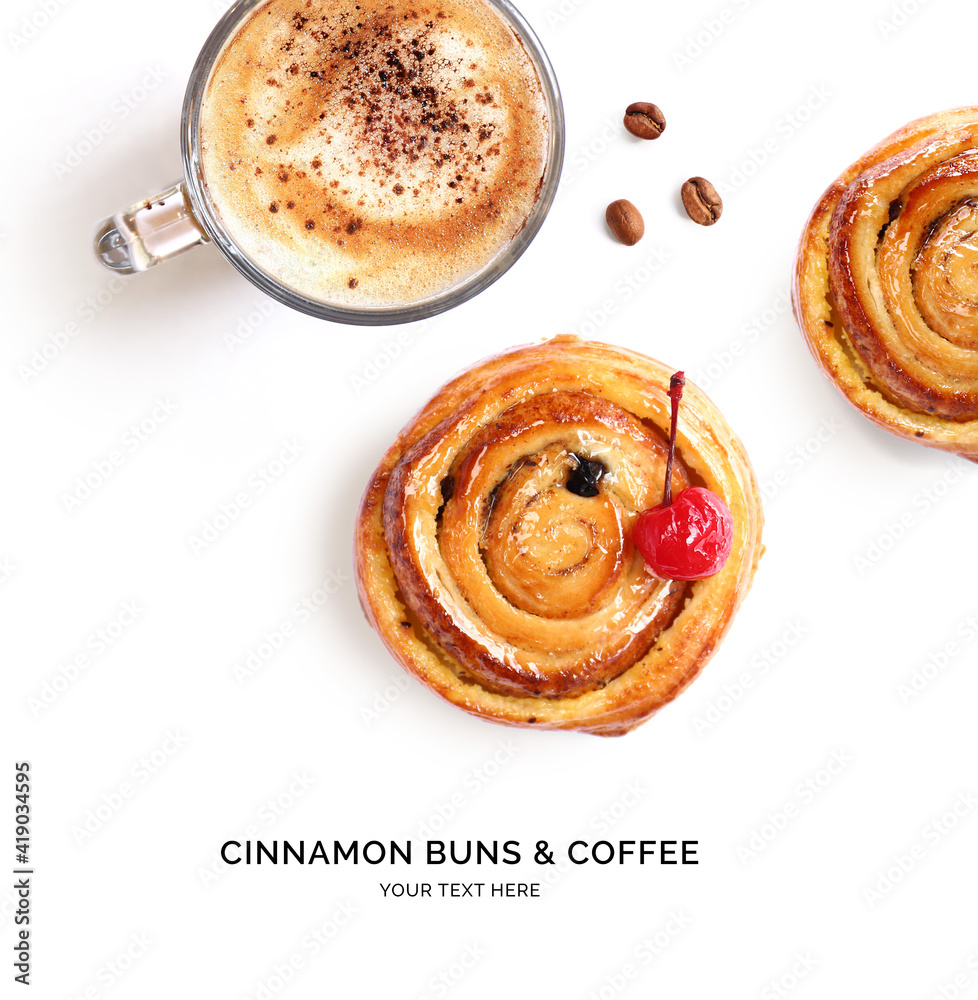 Creative layout made of cinnamon buns and cup of coffee. Flat lay. Food concept.