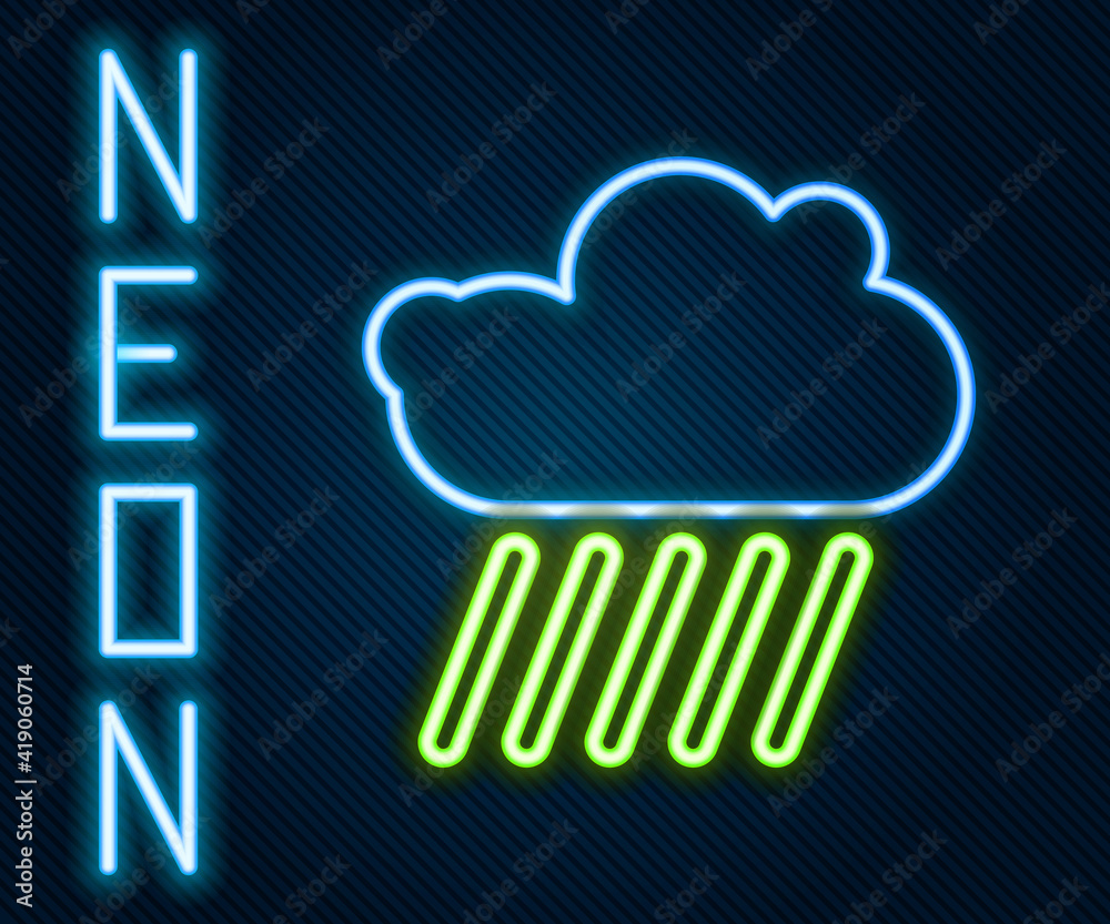 Glowing neon line Cloud with rain icon isolated on black background. Rain cloud precipitation with r