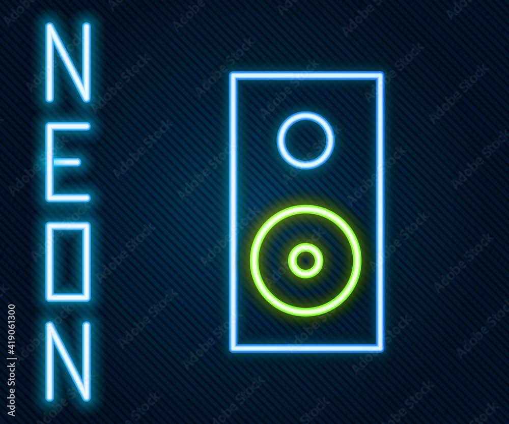 Glowing neon line Stereo speaker icon isolated on black background. Sound system speakers. Music ico