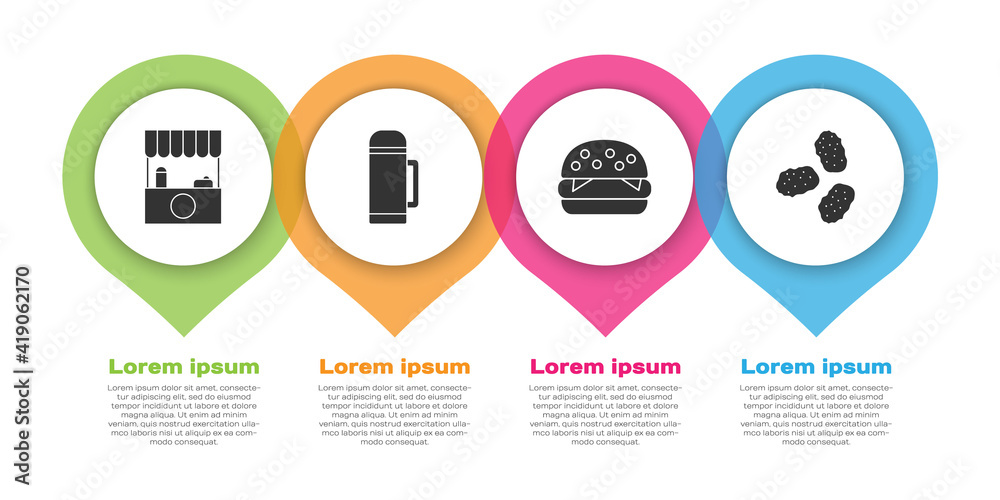 Set Street stall with awning, Thermos container, Burger and Chicken nuggets. Business infographic te