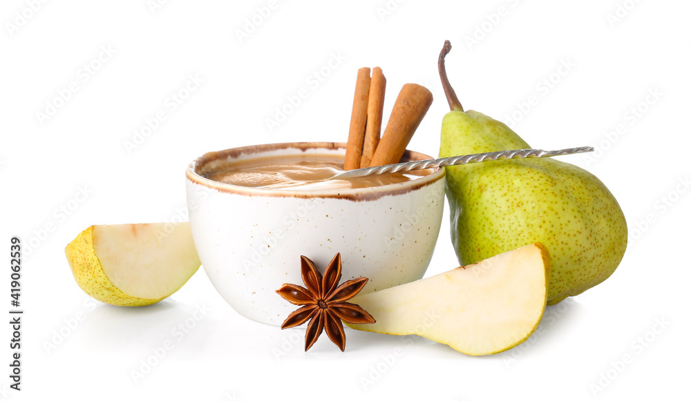 Bowl of tasty pear jam on white background