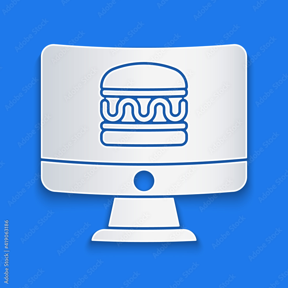 Paper cut Online ordering and fast food delivery icon isolated on blue background. Paper art style. 