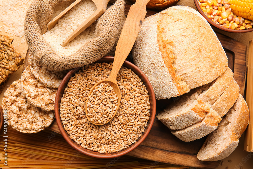 Different cereals and bread, closeup