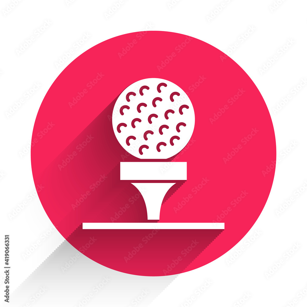 White Golf ball on tee icon isolated with long shadow. Red circle button. Vector.