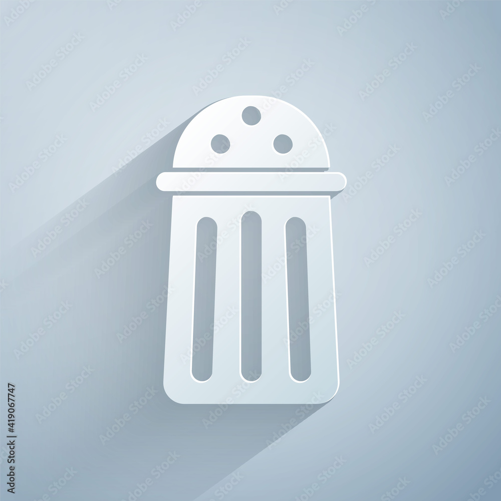 Paper cut Salt icon isolated on grey background. Cooking spices. Paper art style. Vector.