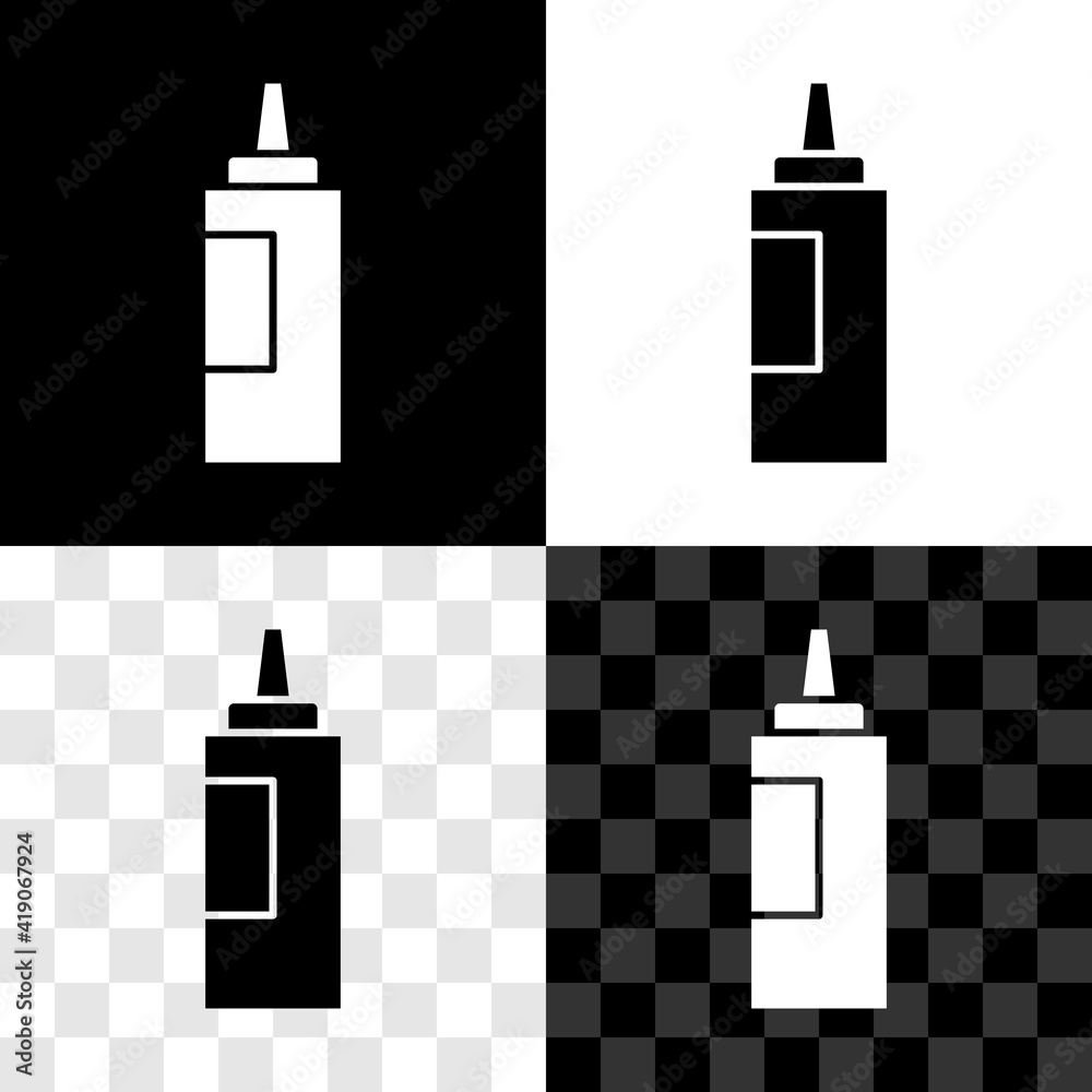 Glowing neon Sauce bottle icon isolated on black background. Ketchup, mustard and mayonnaise bottles