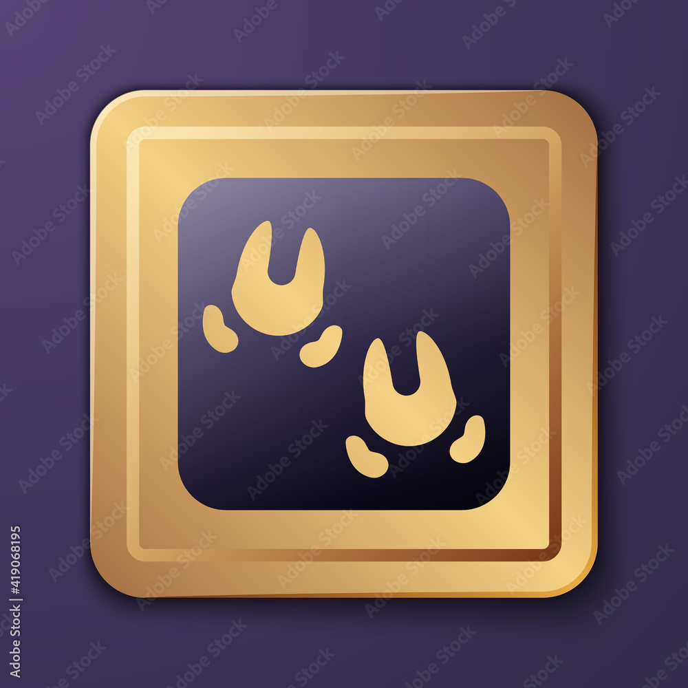 Purple Wild boar paw footprint icon isolated on purple background. Gold square button. Vector.