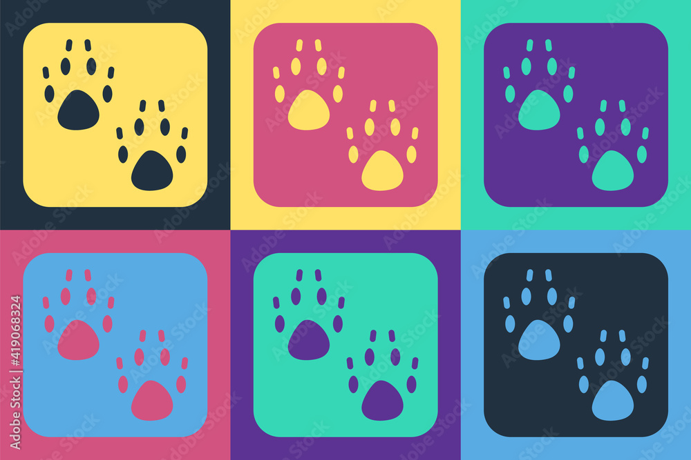 Pop art Paw print icon isolated on color background. Dog or cat paw print. Animal track. Vector.