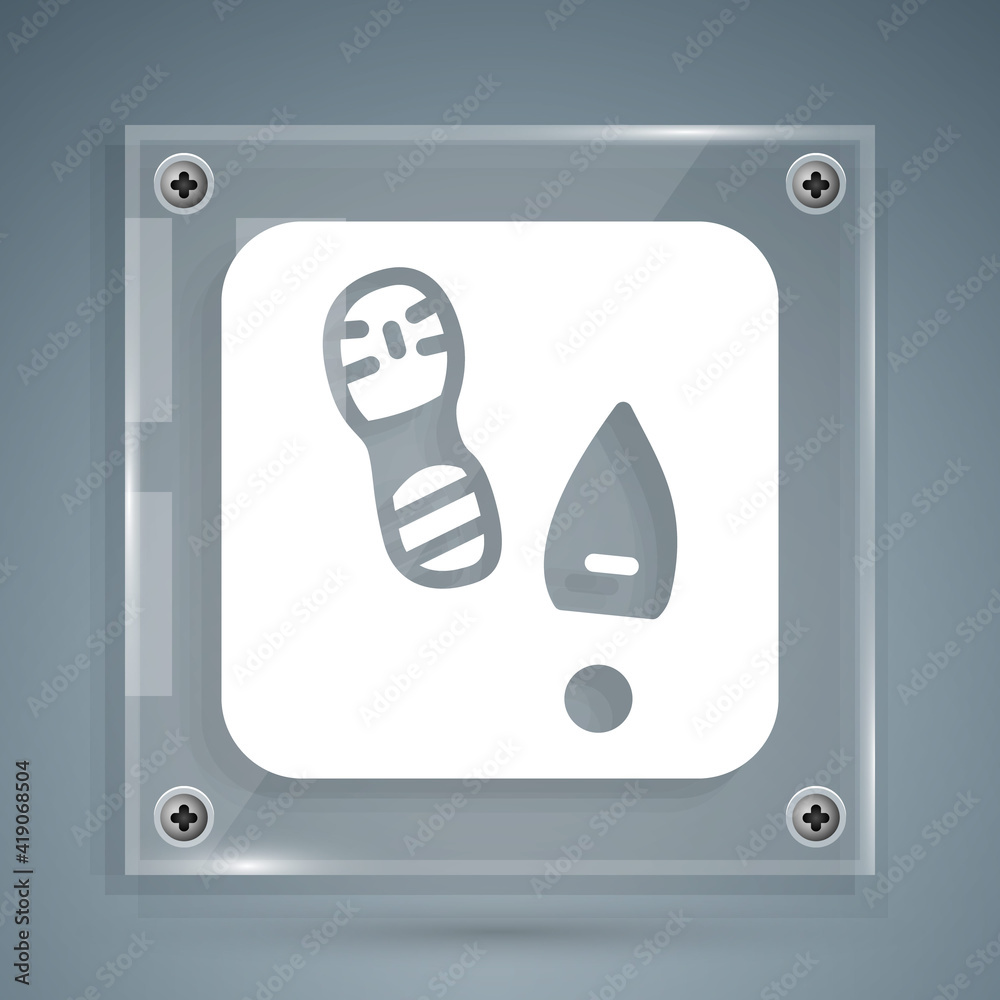 White Human footprints shoes icon isolated on grey background. Shoes sole. Square glass panels. Vect