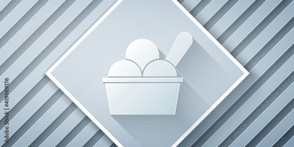 Paper cut Ice cream in the bowl icon isolated on grey background. Sweet symbol. Paper art style. Vec