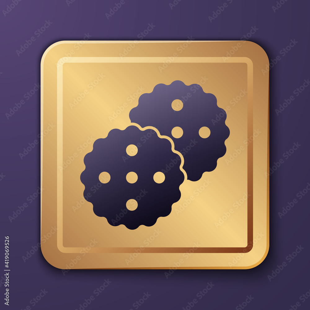 Purple Cookie or biscuit with chocolate icon isolated on purple background. Gold square button. Vect