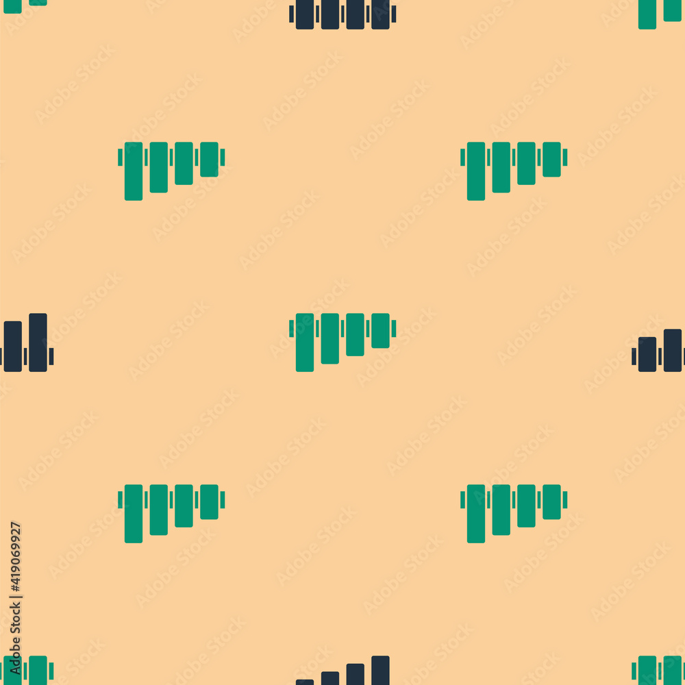 Green and black Pan flute icon isolated seamless pattern on beige background. Traditional peruvian m