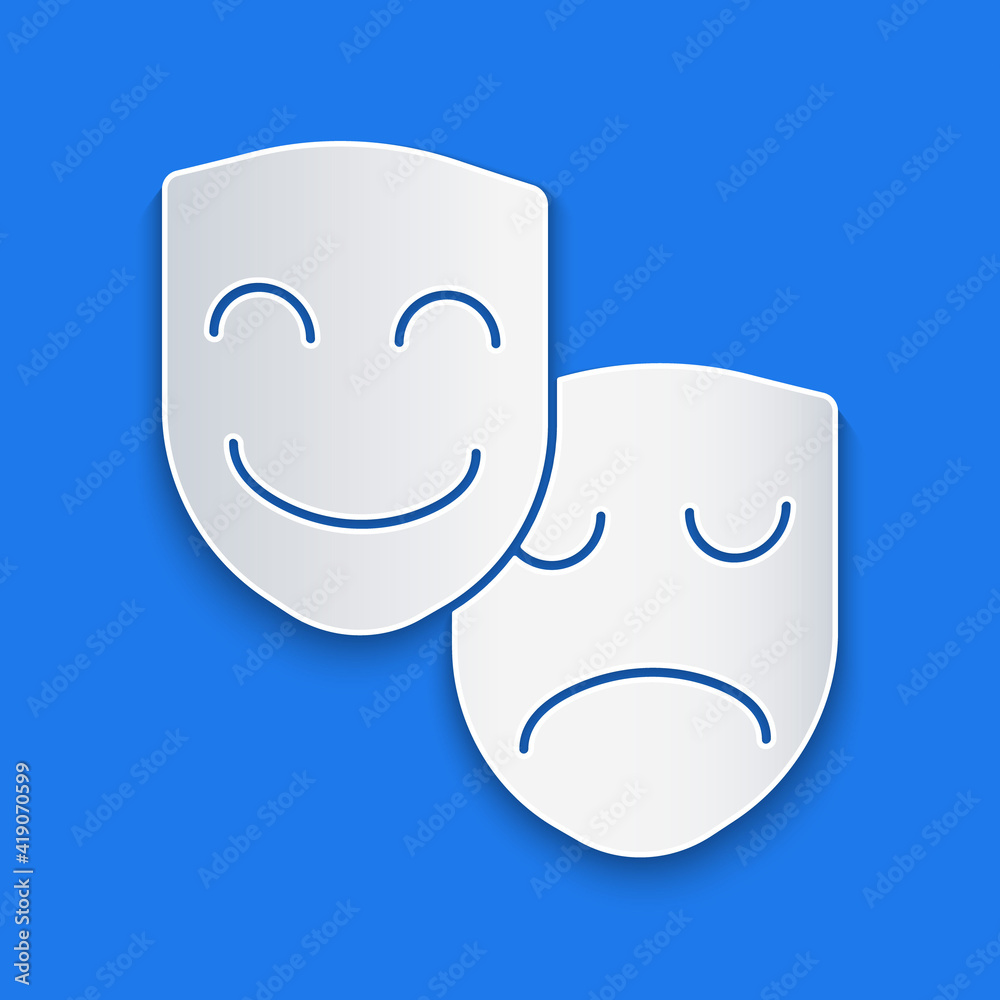 Paper cut Comedy and tragedy theatrical masks icon isolated on blue background. Paper art style. Vec