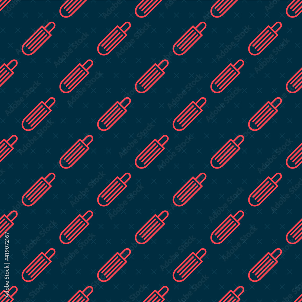 Red line French hot dog icon isolated seamless pattern on black background. Sausage icon. Fast food 