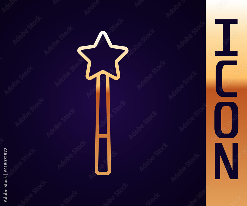 Gold line Magic wand icon isolated on black background. Star shape magic accessory. Magical power. V