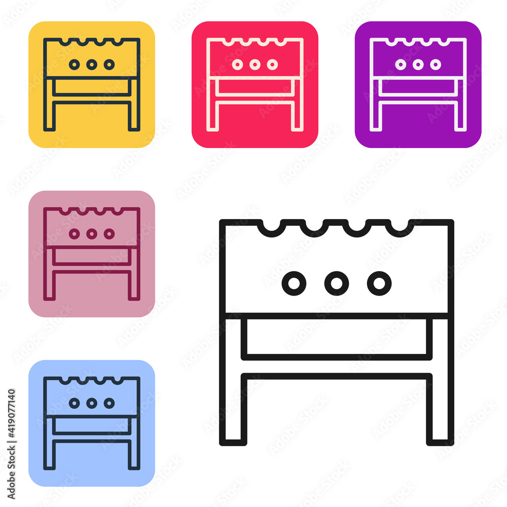 Black line BBQ brazier icon isolated on white background. Set icons in color square buttons. Vector.