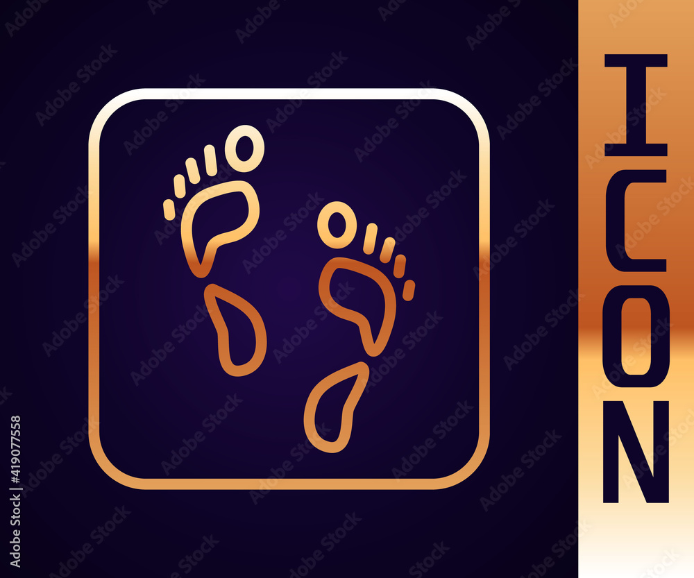 Gold line Human footprint icon isolated on black background. Trace of human foot. Vector.