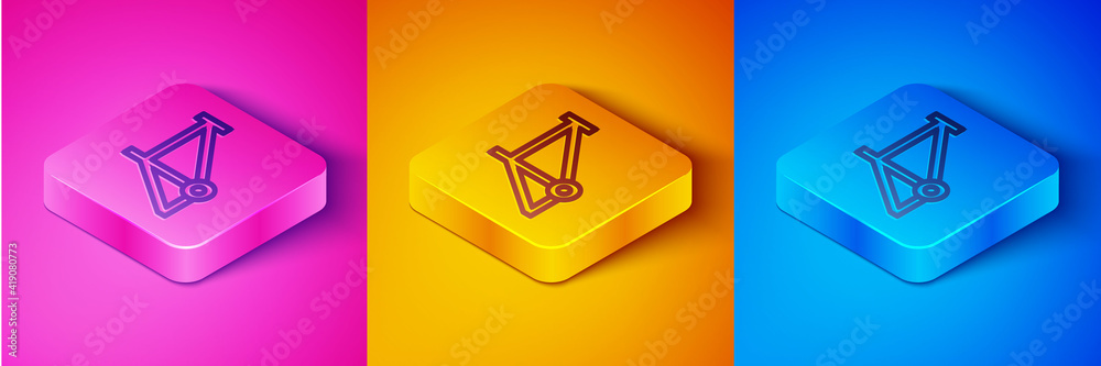 Isometric line Bicycle frame icon isolated on pink and orange, blue background. Square button. Vecto