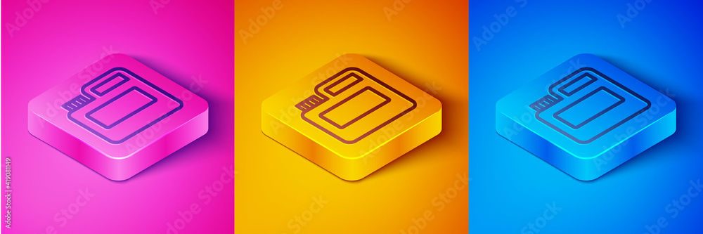 Isometric line Paint, gouache, jar, dye icon isolated on pink and orange, blue background. Square bu