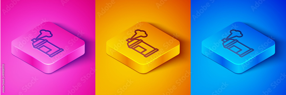 Isometric line Paint spray can icon isolated on pink and orange, blue background. Square button. Vec