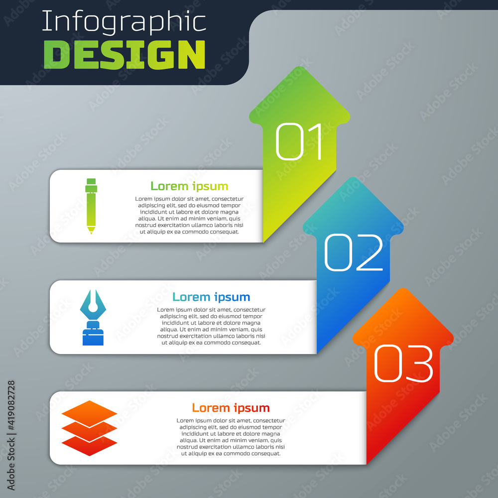 Set Pencil with eraser, Fountain pen nib and Layers. Business infographic template. Vector.