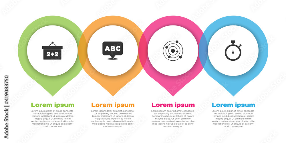 Set Chalkboard, Alphabet, Solar system and Stopwatch. Business infographic template. Vector.