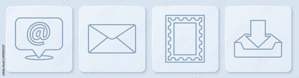 Set line Mail and e-mail on speech bubble, Postal stamp, Envelope and Download inbox. White square b