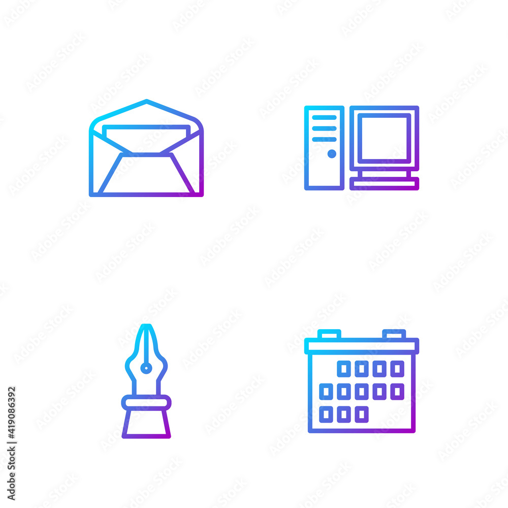 Set line Calendar, Fountain pen nib, Envelope and Computer monitor. Gradient color icons. Vector.