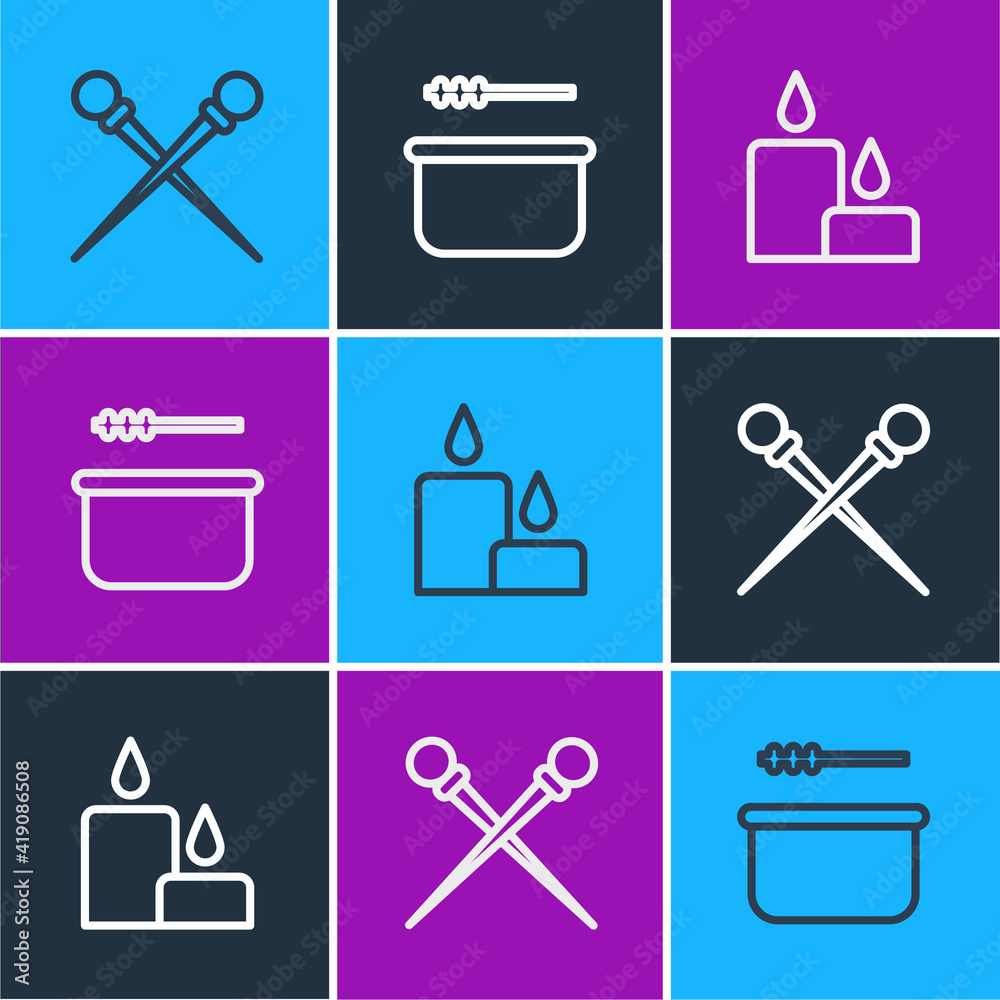 Set line Knitting needles, Burning candle and Sauna bucket ladle icon. Vector.