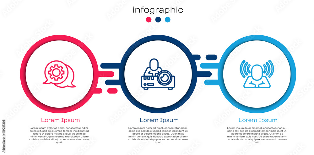 设置线路语音气泡聊天、媒体投影仪和猎头。商业信息图模板。矢量