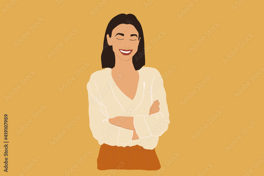 Portrait of cheerful woman with arms crossed on yellow background. Smiling at camera. Lifestyle conc