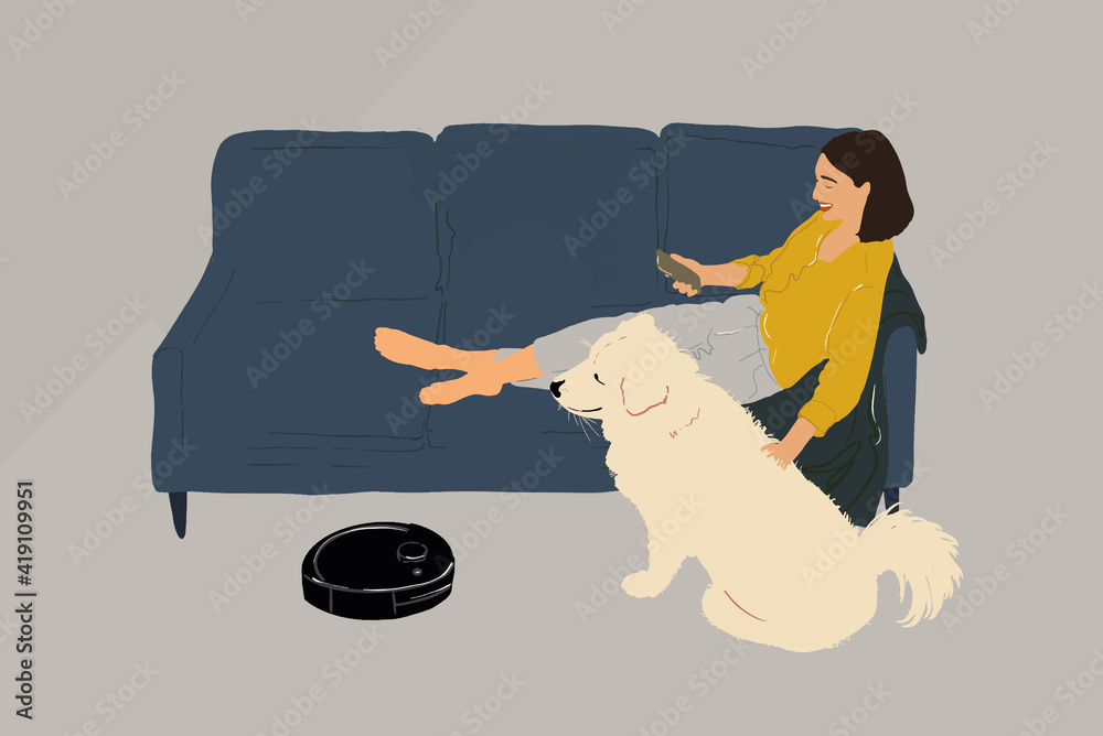 Black robotic vacuumer is cleaning the floor while pretty woman sitting on the blue sofa with a whit