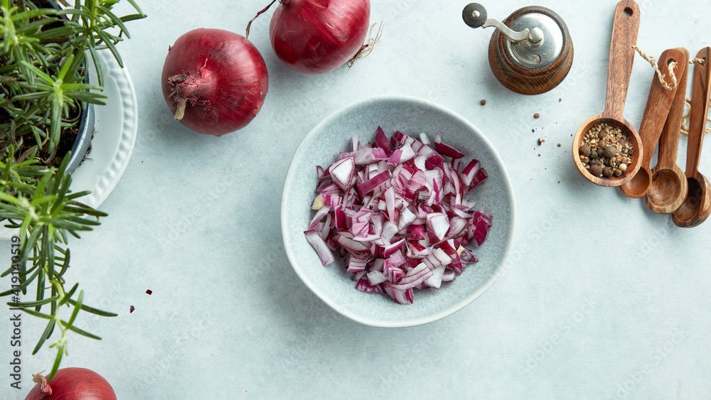 bowl of chopped red onions