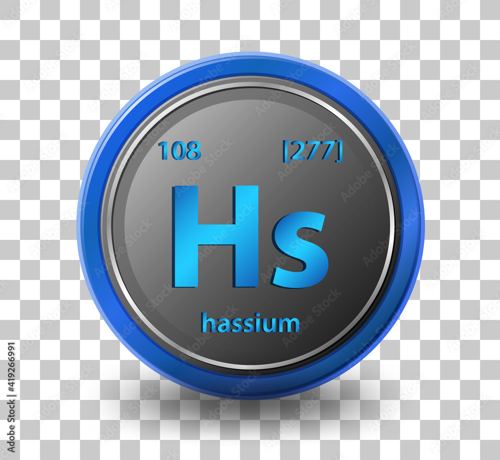 Hassium chemical element. Chemical symbol with atomic number and atomic mass.