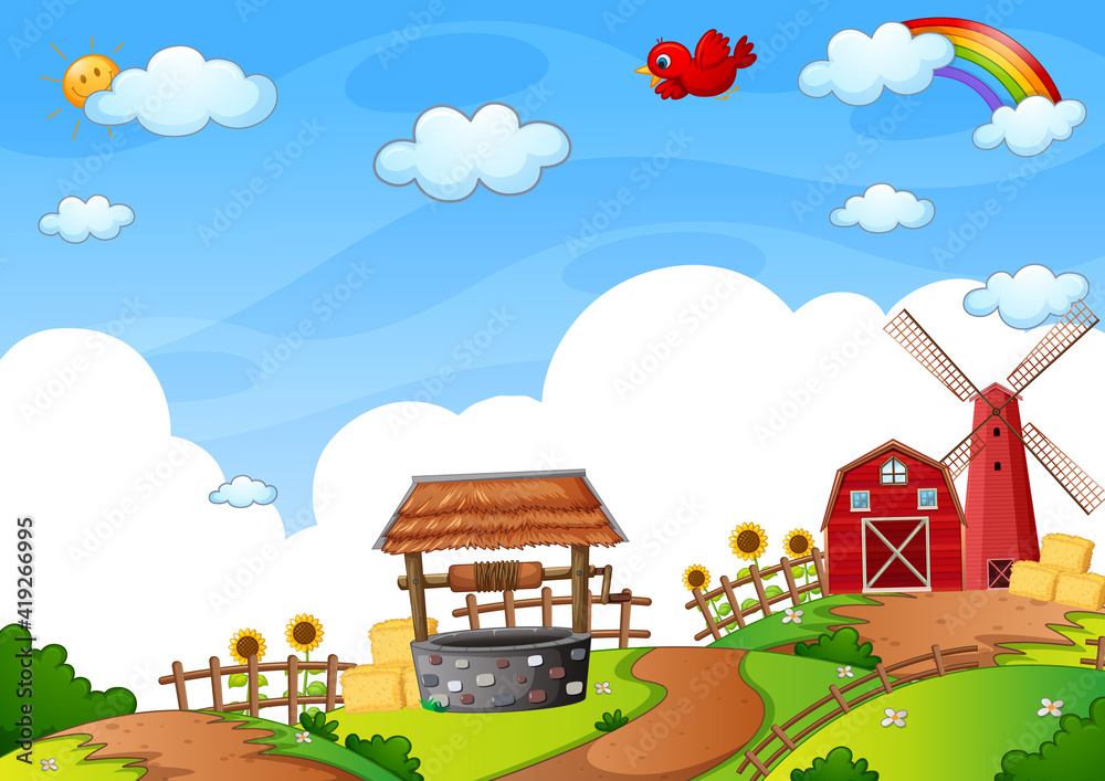 Red barn and windmill in the nature scene