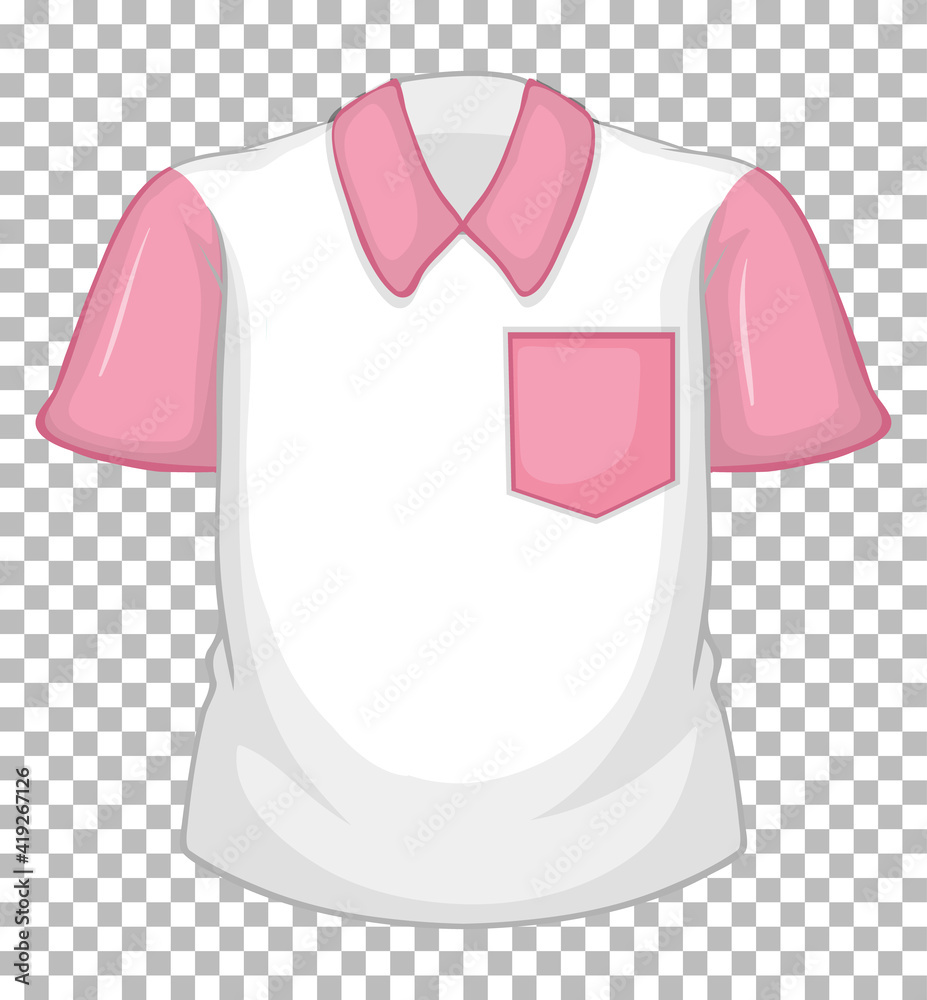 Blank white shirt with pink short sleeves and pocket on transparent