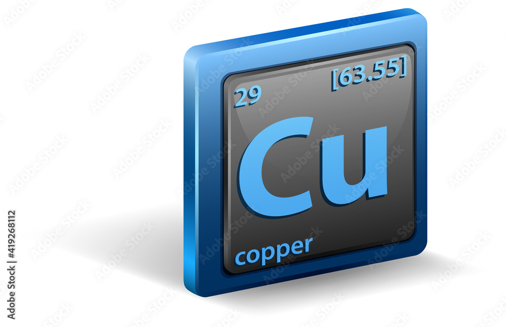 Copper chemical element. Chemical symbol with atomic number and atomic mass.