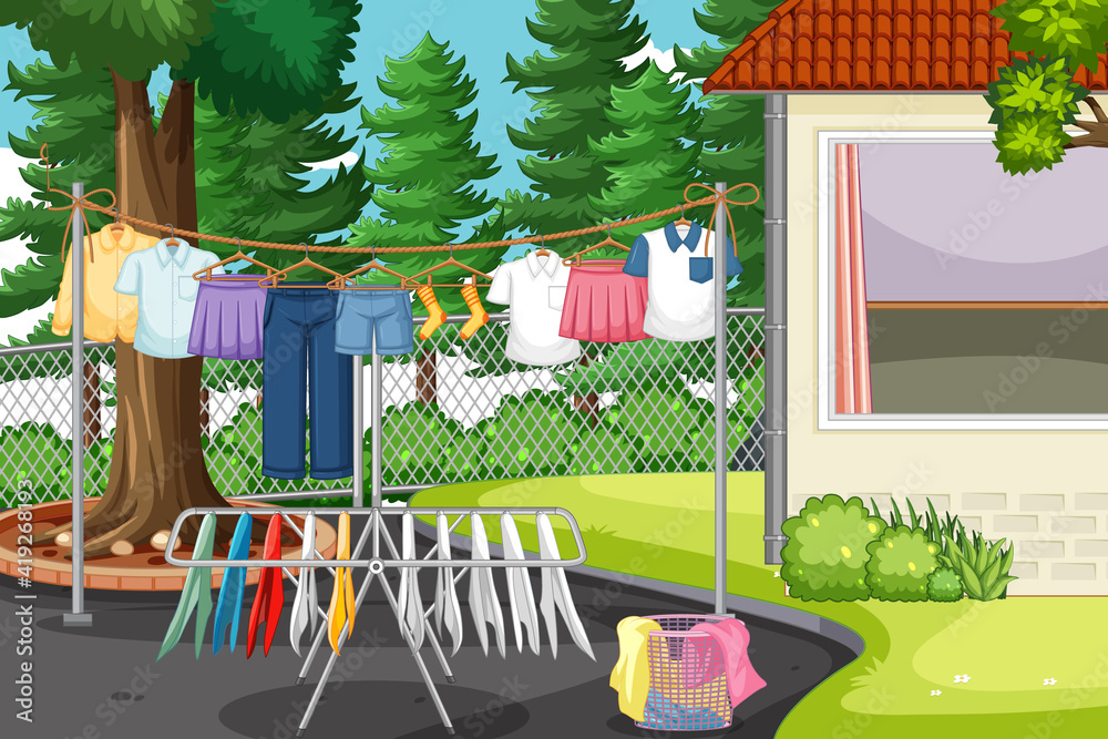 Clothes hanging on line in the yard