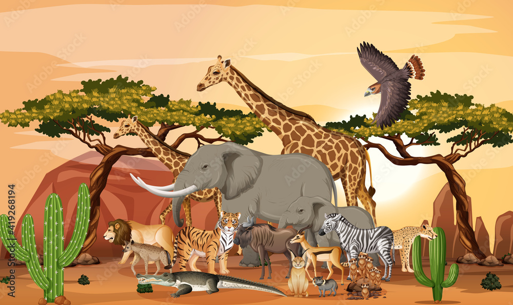 Group of Wild African Animal in the forest scene