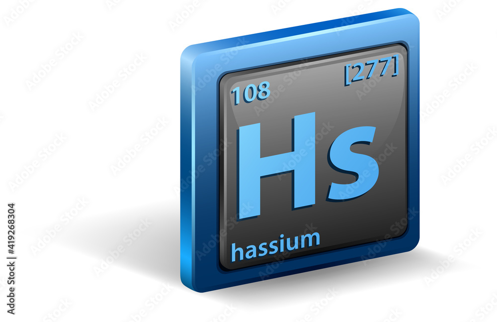 Hassium chemical element. Chemical symbol with atomic number and atomic mass.